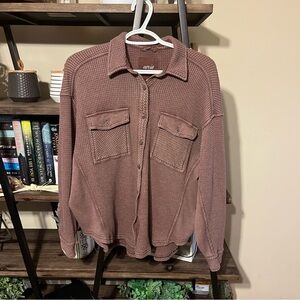 aerie waffle knit oversized button up brown size XS